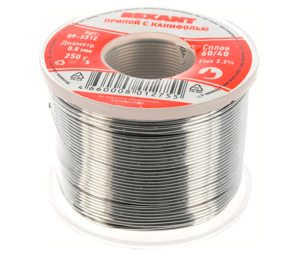 Sârmă pentru sudură cu flux REXANT 09-3312 Staniu/Plumb 0.8mm 0.25kg photo 0