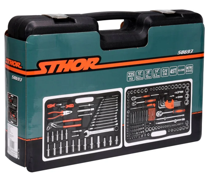 Set chei combinate, duze tubulare și biți STHOR STH58693 225unit. 4-32mm 1/2-1/4-3/8"-4
