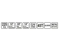 Set chei combinate, duze tubulare și biți STHOR STH58693 225unit. 4-32mm 1/2-1/4-3/8"-7