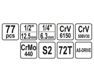 Set chei combinate, duze tubulare și biți YATO YT38781 77unit. 4-32mm 1/2-1/4"-5