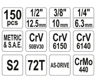 Set chei combinate, duze tubulare și biți YATO YT38811 150unit. 4-32mm 1/2-1/4-3/8"-5
