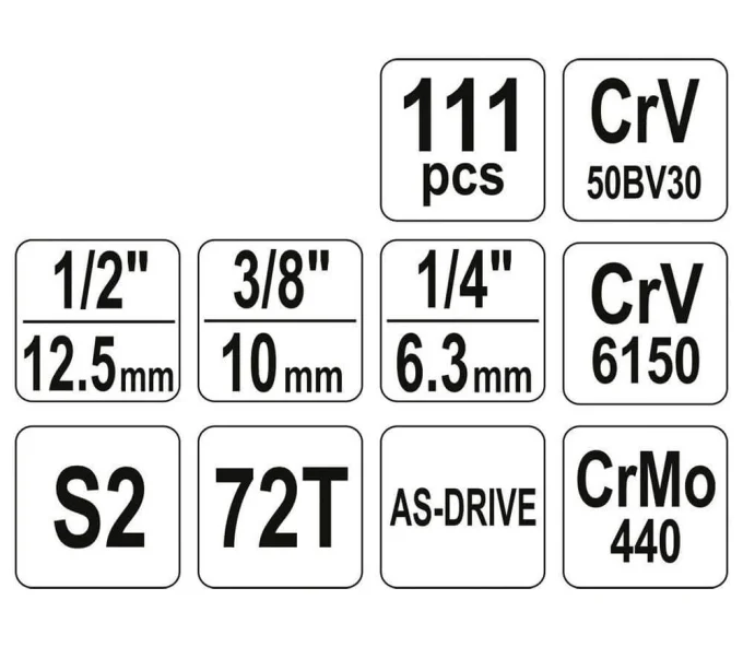 Set chei combinate, duze tubulare și biți YATO YT38831 111unit. 4-32mm 1/2-1/4-3/8"-5
