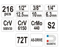 Set chei combinate, duze tubulare și biți YATO YT38841 216unit. 4-32mm 1/2-1/4-3/8"-6