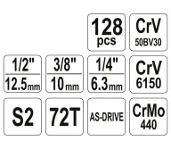Set chei combinate, duze tubulare și biți YATO YT38872 128unit. 4-32mm 1/2-1/4-3/8"-5