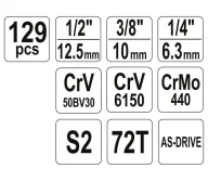 Set chei combinate, duze tubulare și biți YATO YT38881 129unit. 4-32mm 1/2-1/4-3/8"-5