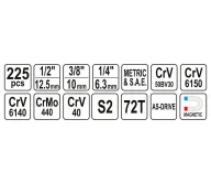 Set chei combinate, duze tubulare și biți YATO YT38941 225unit. 4-32mm 1/2-1/4-3/8"-6