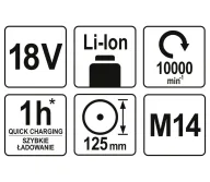Угловая шлифмашина аккумуляторная (Без АКБ) YATO YT82827 125мм 18В-3