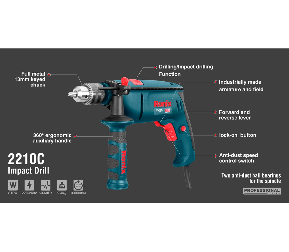 Mașină de găurit cu percutie RONIX 2210C 810w photo 7