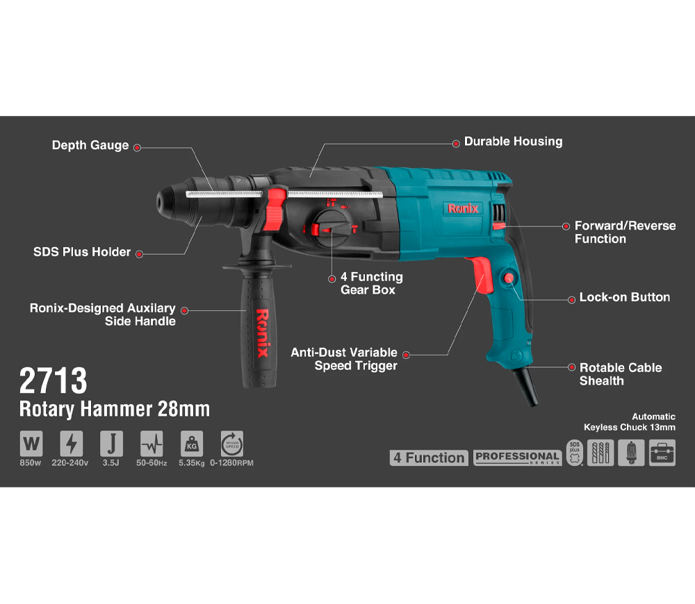 Перфоратор RONIX 2713 850вт SDS-Plus/Быстрозажимной photo 11