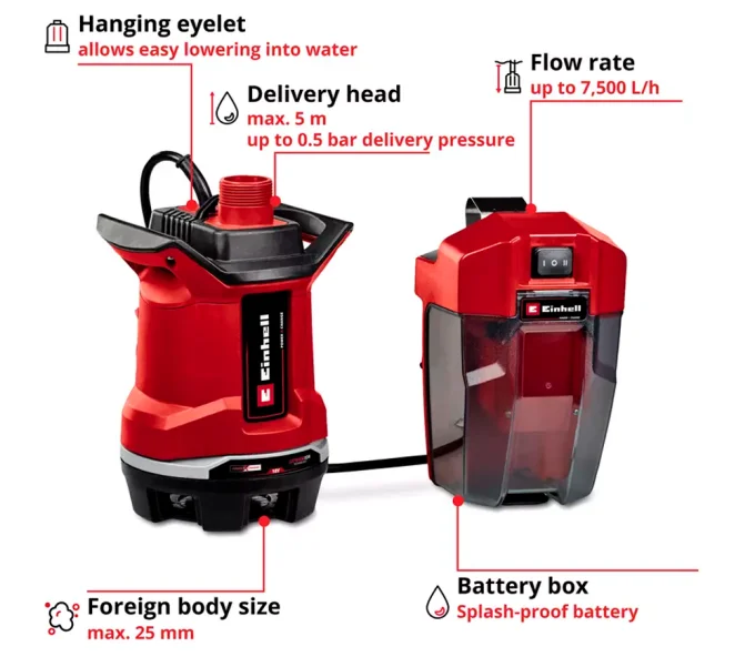 Pompă de drenaj cu acumulator (fără bat) EINHELL GE-DP 18/25 Li - Solo 135w 7500l/h-2