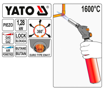 Газовая горелка с пьезоподжигом YATO YT36709 110г/ч 1600°C photo 3