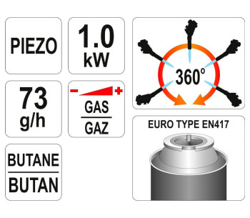 Газовая горелка с пьезоподжигом YATO YT36710 73г/ч 1000°C photo 4
