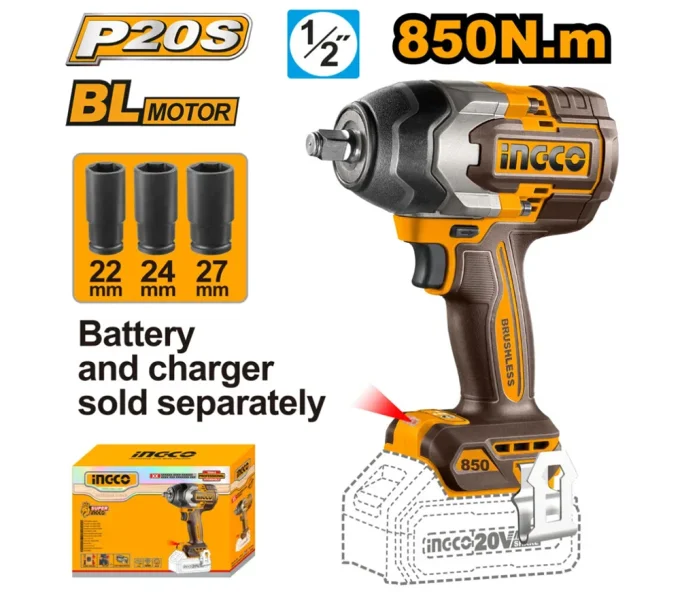 Mașină de înșurubat cu impact cu acumulator (fără bat) INGCO CIWLI20851 20 V 1000 Nm-3
