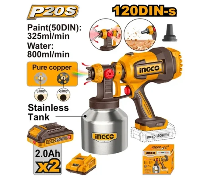 Краскопульт аккумуляторный INGCO CSGLI200414 20 В 2 Ач 0.2 бар-1