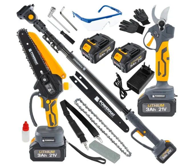 Set grădină pe acumulator POWERMAT PM-PSWA-21V-3M 3 în 1 cu ferăstrău, foarfecă și tijă telescopică-1