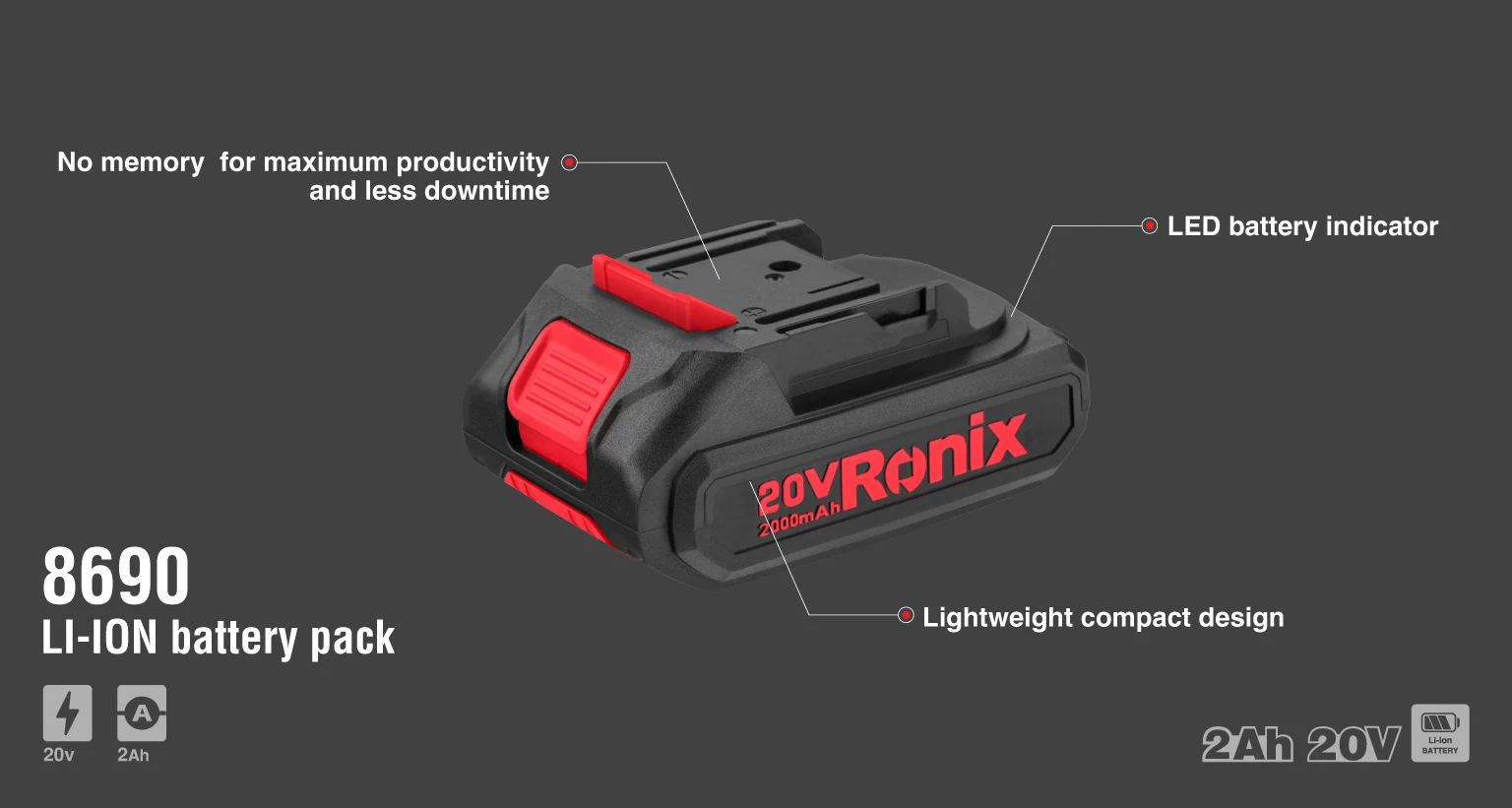 Аккумулятор Ronix 8690 20V 2.0Ah Li-Ion