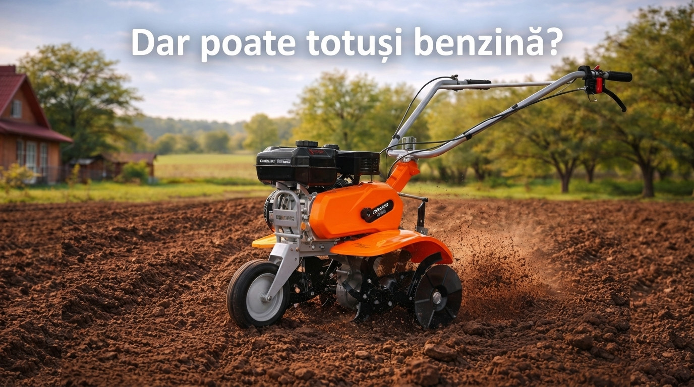 Motocultivator pe benzină lucrând pe câmp